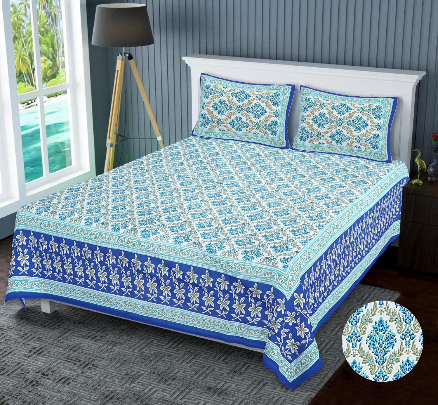 Niruva Royal Blue and Light Blue Jaipuri Floral Print Cotton Double Bedsheet With 2 Pillow Covers